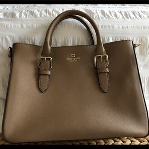 Kate Spade light brown tote with shoulder strap.